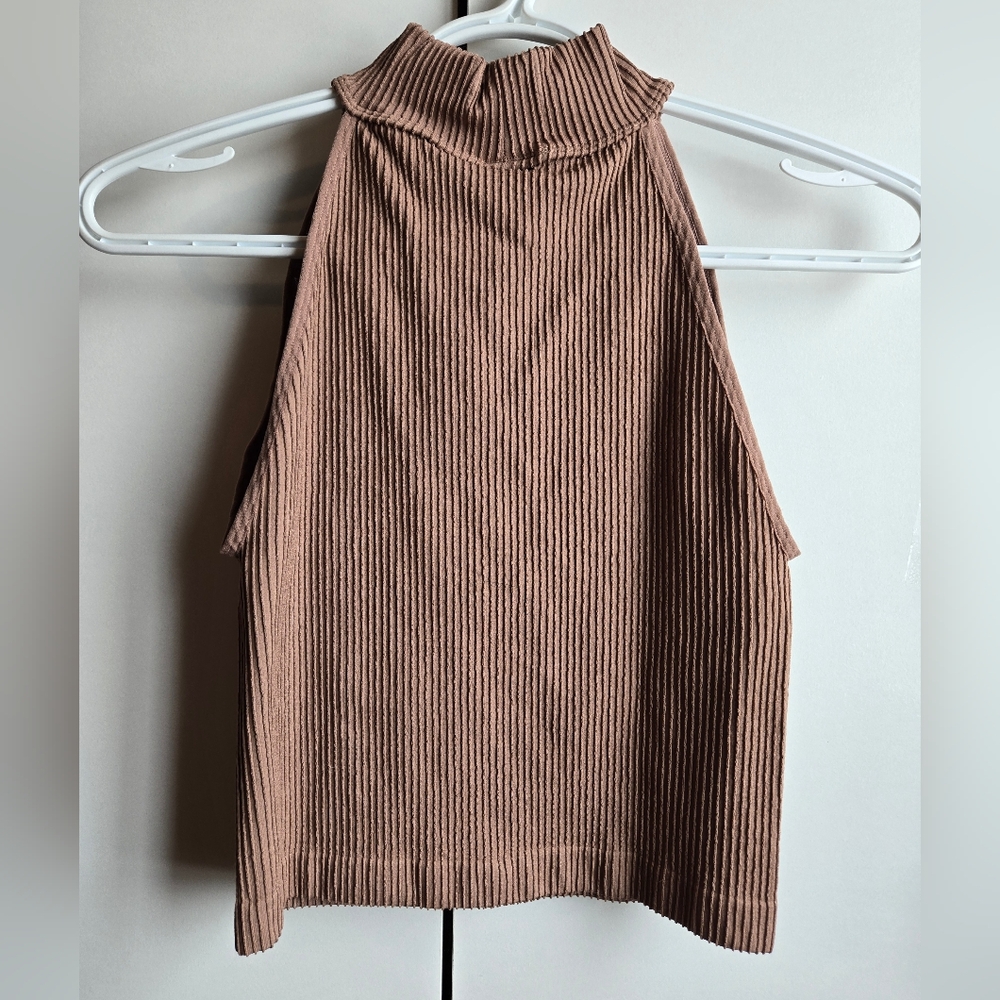 Brown Ribbed Halter Crop Top - Picture 2 of 4